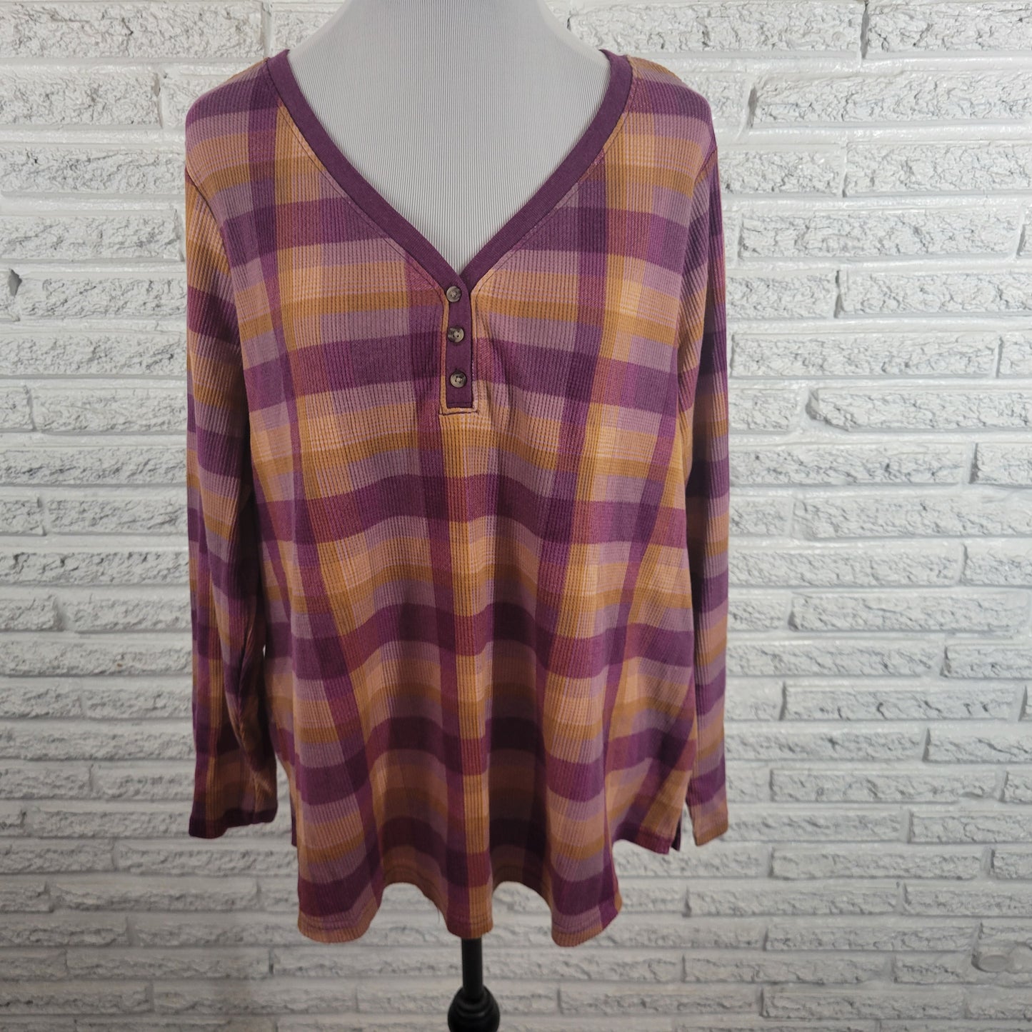 Terra & Sky Womens 2X Plaid Knit Top V-Neck 1/4 Button Long Sleeve Purple PLA1XE