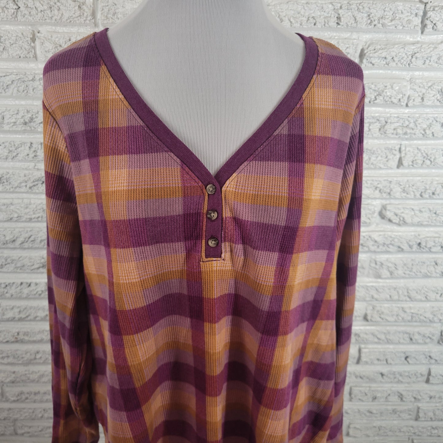 Terra & Sky Womens 2X Plaid Knit Top V-Neck 1/4 Button Long Sleeve Purple PLA1XE