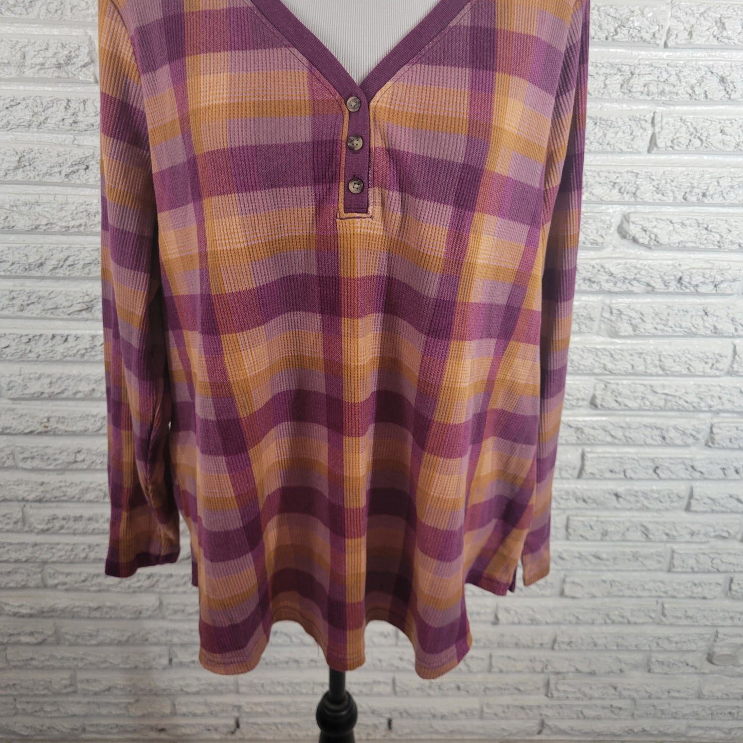 Terra & Sky Womens 2X Plaid Knit Top V-Neck 1/4 Button Long Sleeve Purple PLA1XE
