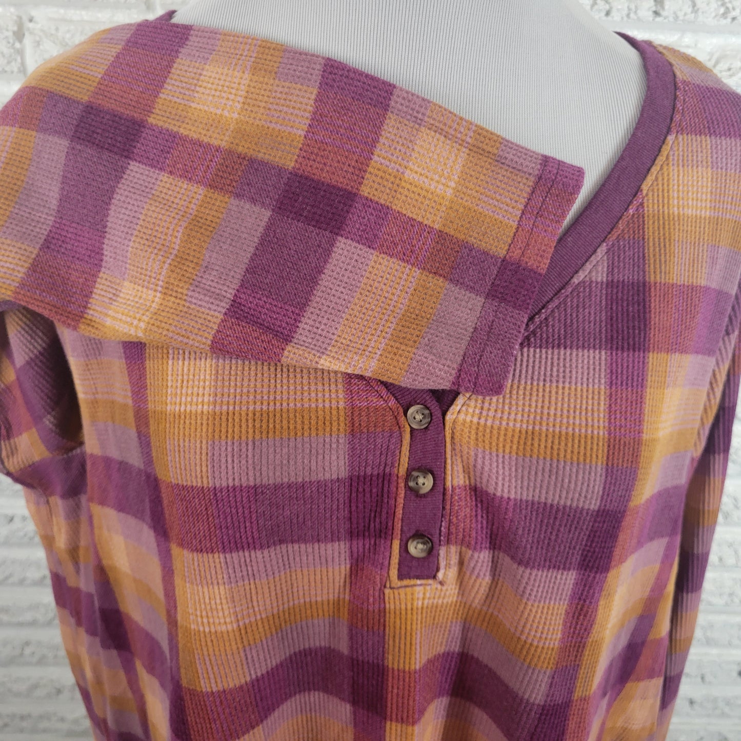 Terra & Sky Womens 2X Plaid Knit Top V-Neck 1/4 Button Long Sleeve Purple PLA1XE