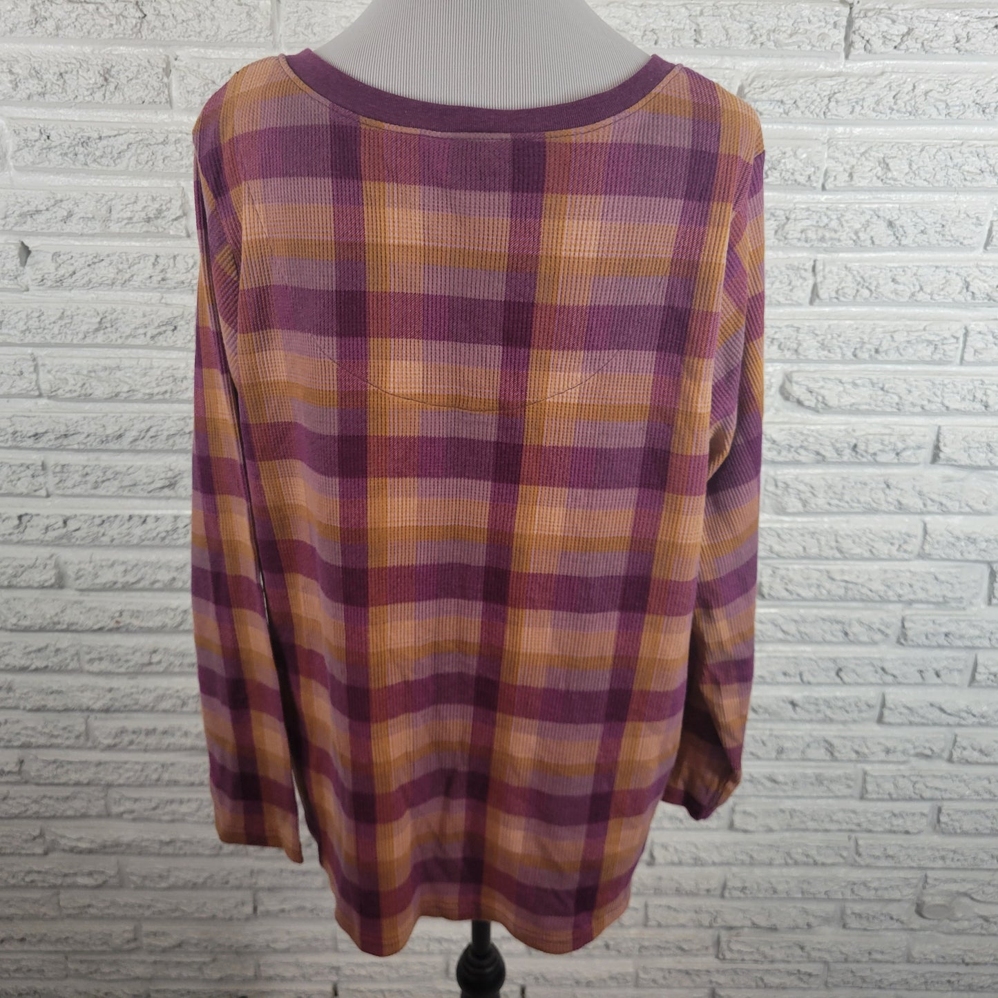 Terra & Sky Womens 2X Plaid Knit Top V-Neck 1/4 Button Long Sleeve Purple PLA1XE