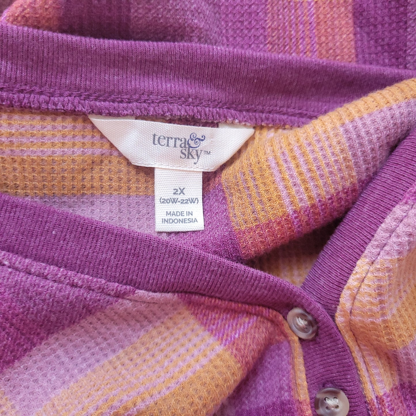 Terra & Sky Womens 2X Plaid Knit Top V-Neck 1/4 Button Long Sleeve Purple PLA1XE