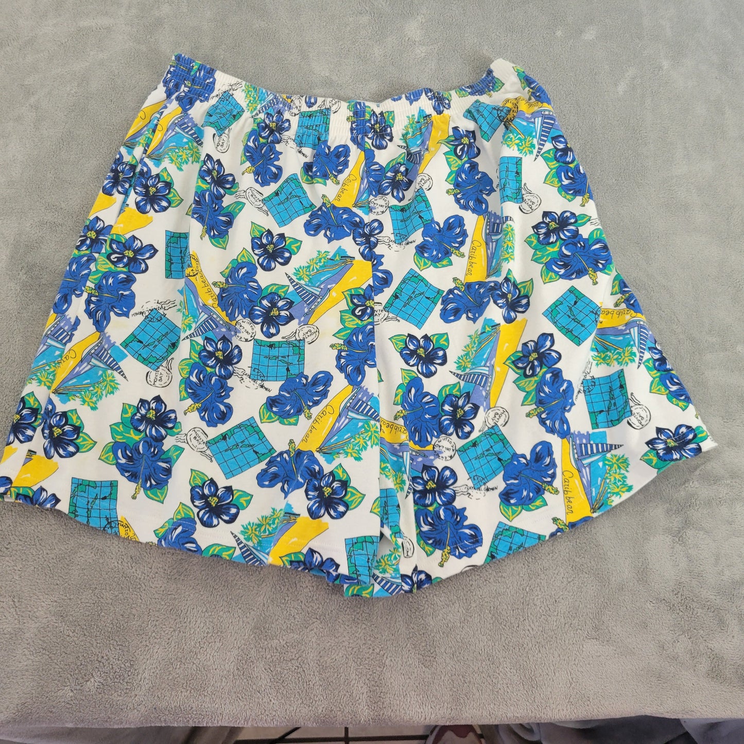 Karen Scott Shorts 2X Plus Blue Yellow Floral Elastic Waist Pull On FLO15E