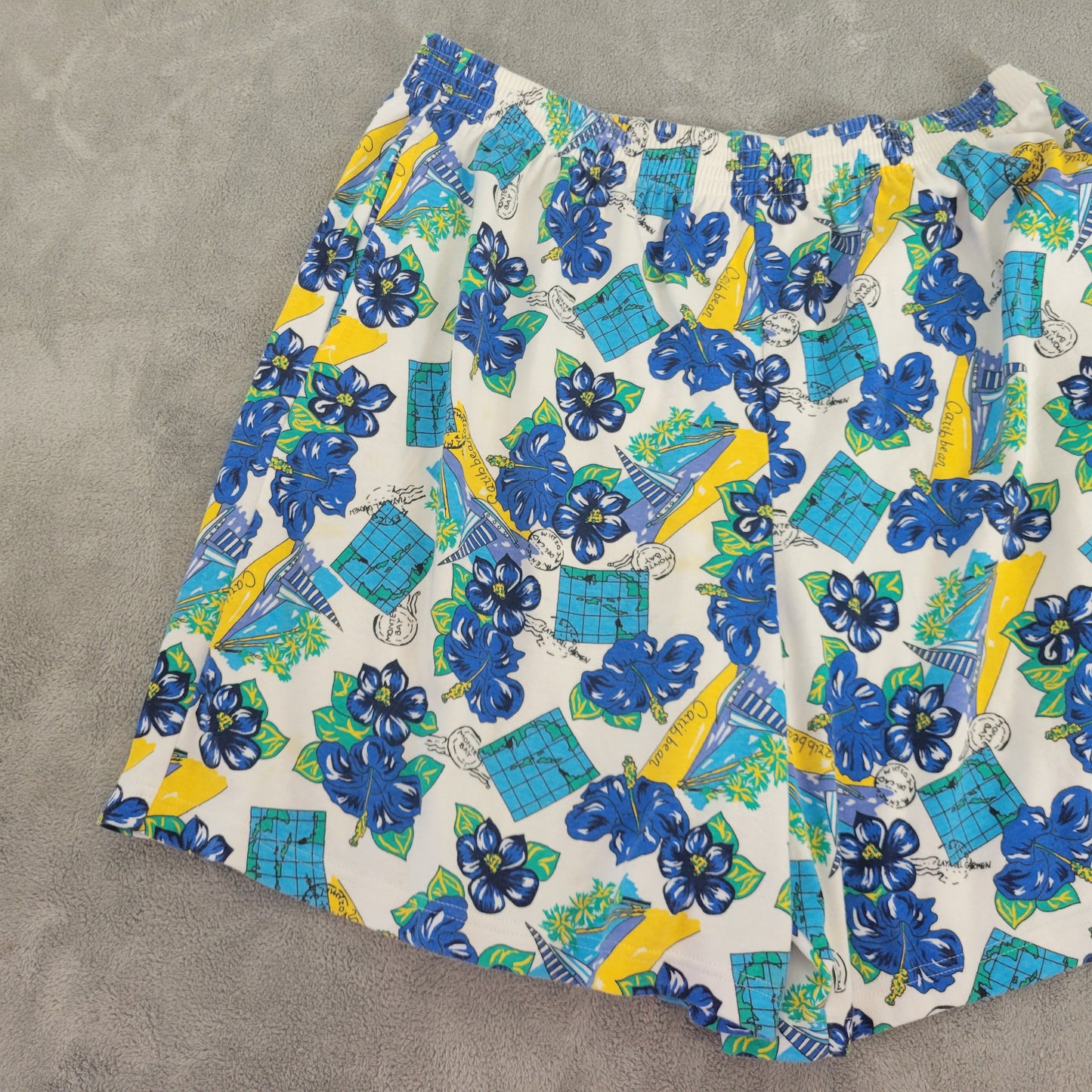 Karen Scott Shorts 2X Plus Blue Yellow Floral Elastic Waist Pull On FLO15E