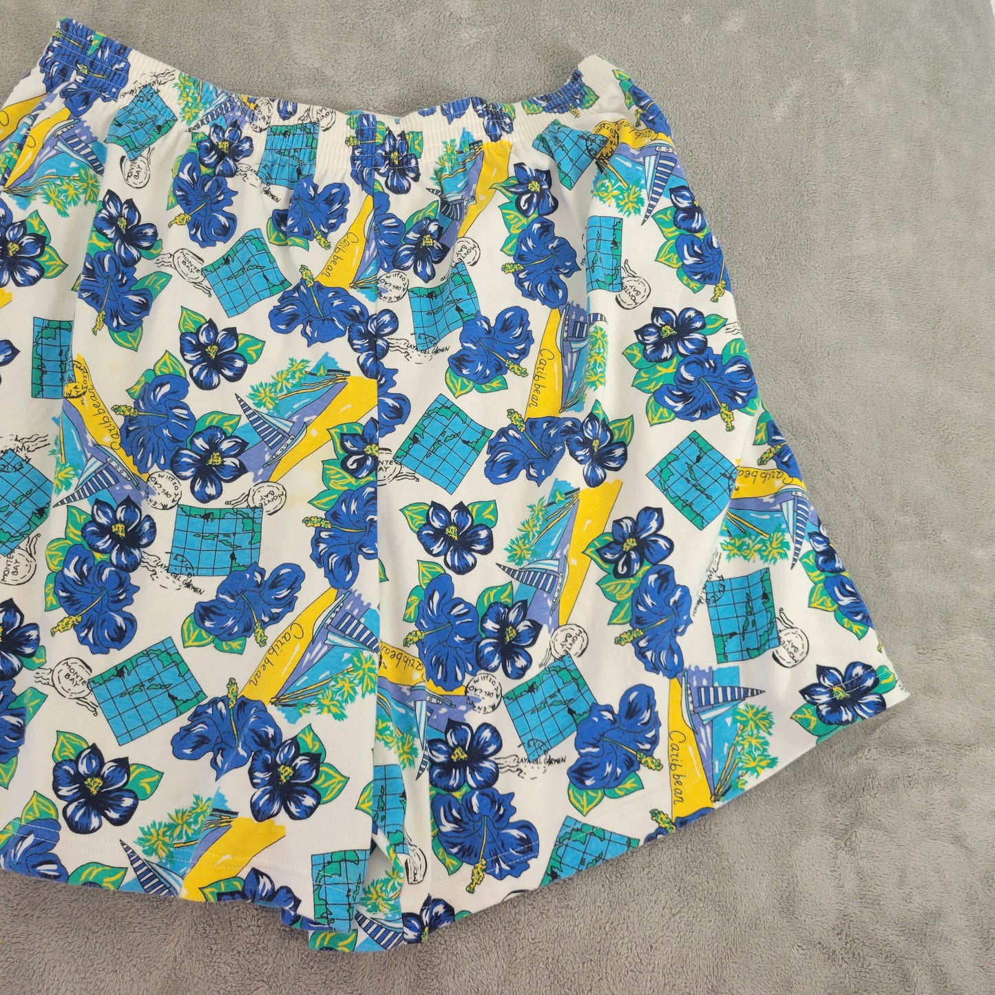 Karen Scott Shorts 2X Plus Blue Yellow Floral Elastic Waist Pull On FLO15E