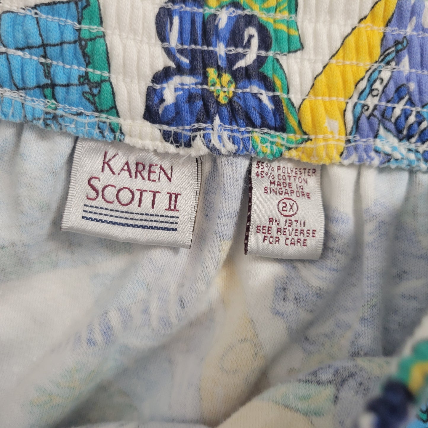 Karen Scott Shorts 2X Plus Blue Yellow Floral Elastic Waist Pull On FLO15E