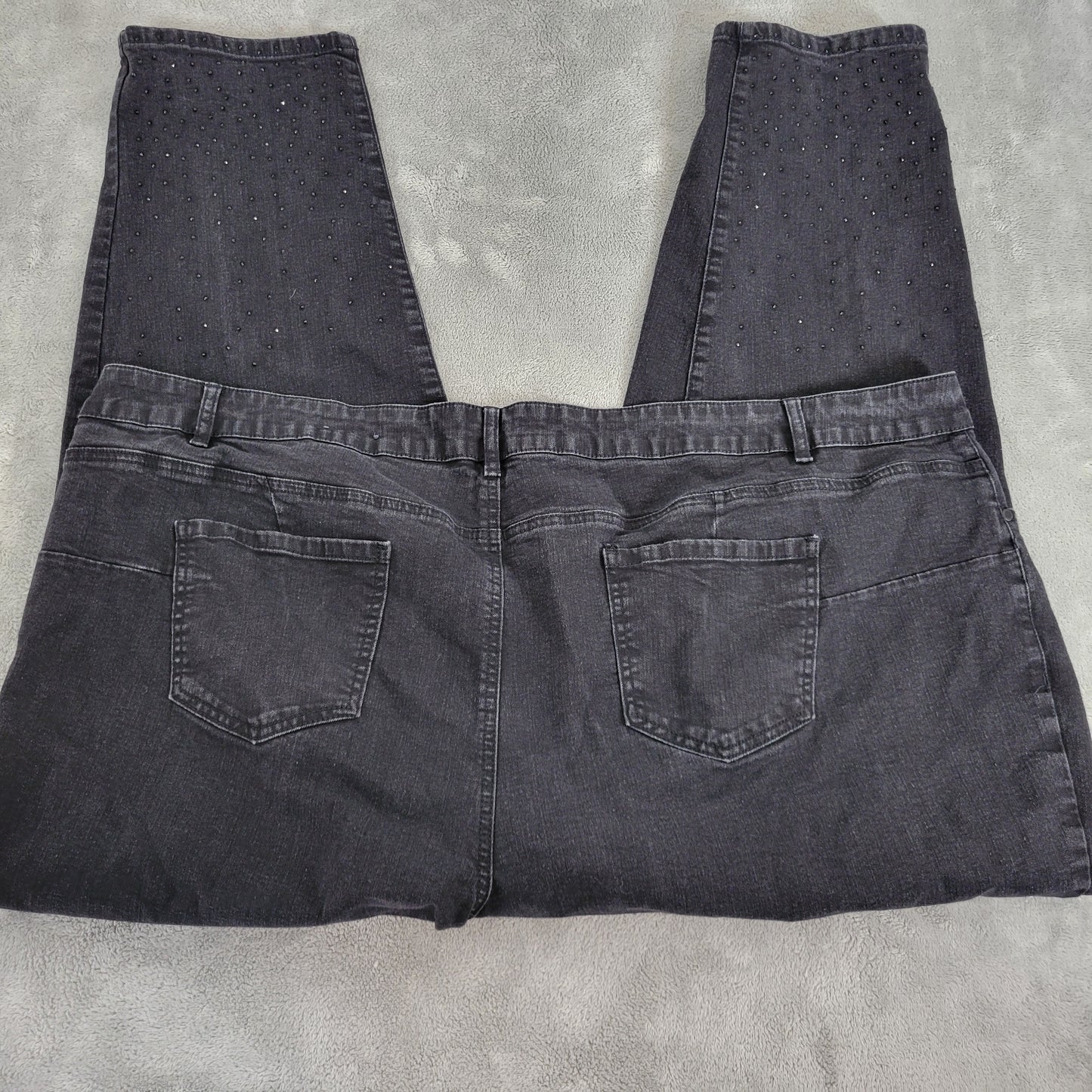 Avenue Skinny Jeans 30 Plus Black Rhinestone Elastic Waist Denim 5-Pocket SKI24E