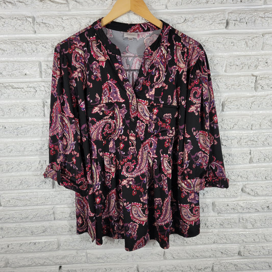 Avenue 18/20 Black Purple Paisley Roll Tab V-Neck Top Button Shirt PAI17E