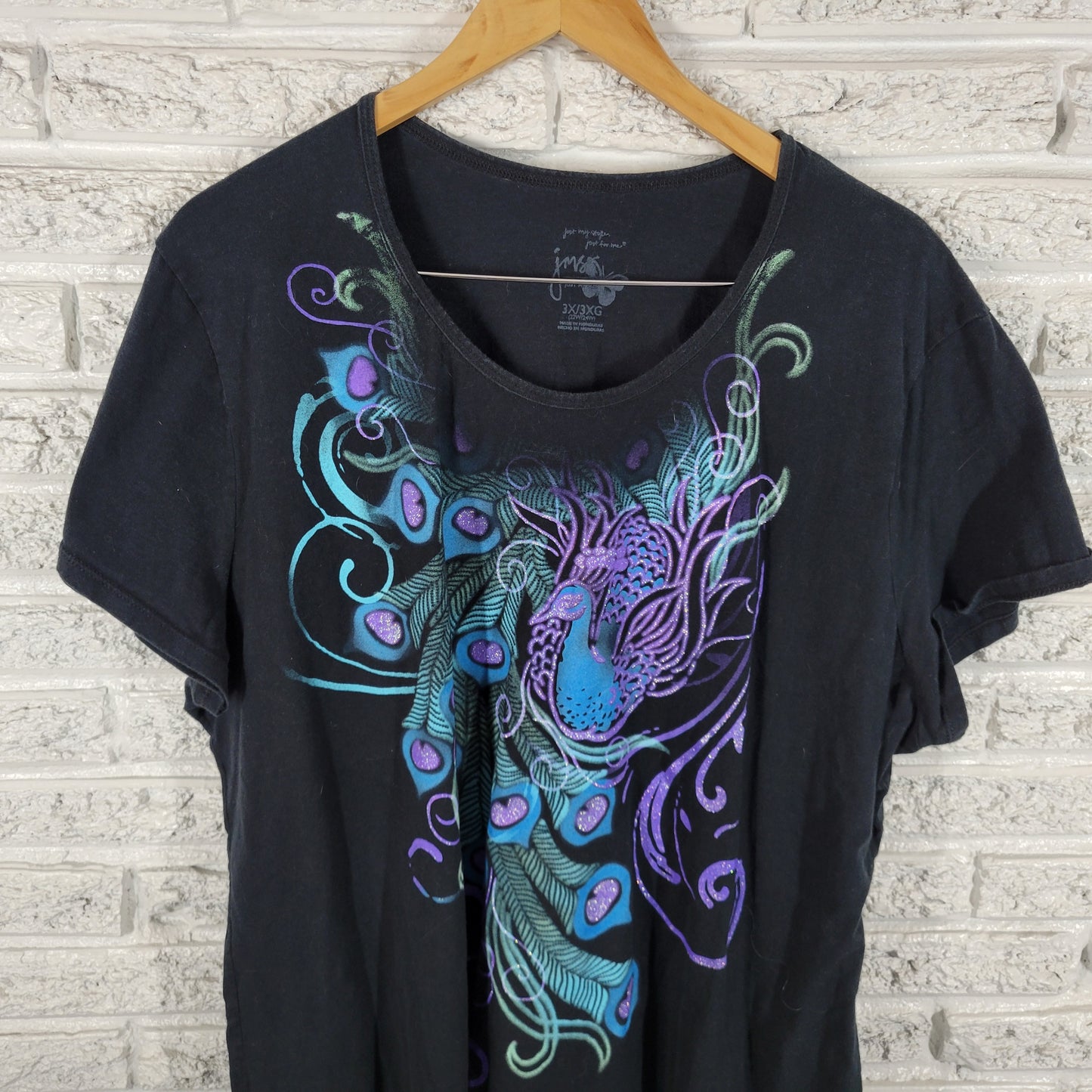 Just My Size 3X Black Tee Purple Peacock Glitter Cotton Crew NOV62E