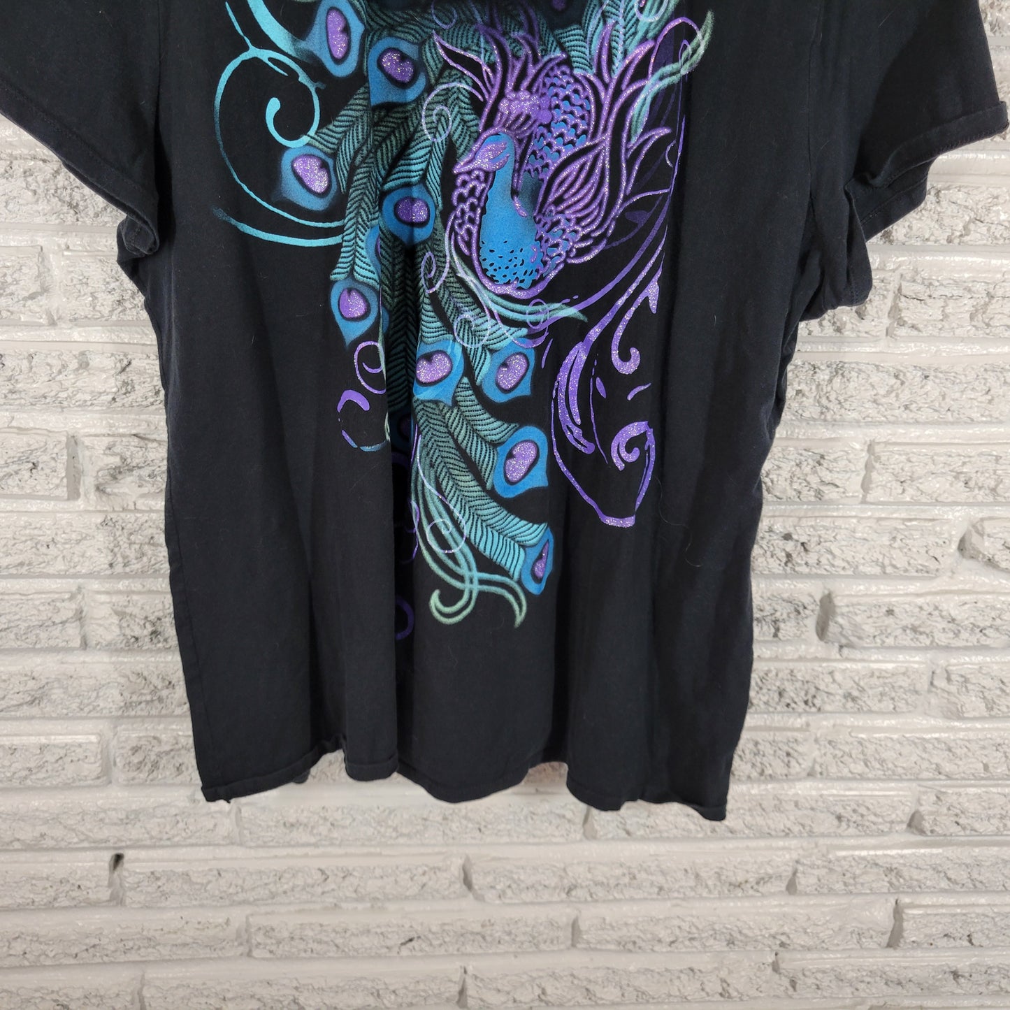 Just My Size 3X Black Tee Purple Peacock Glitter Cotton Crew NOV62E