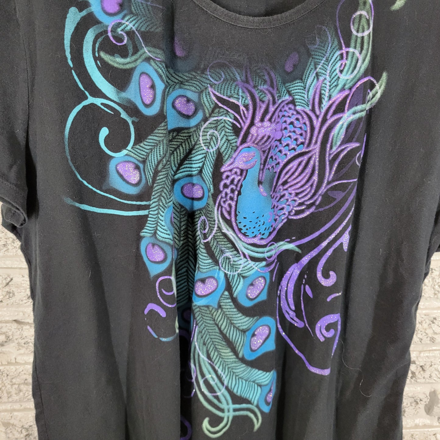 Just My Size 3X Black Tee Purple Peacock Glitter Cotton Crew NOV62E