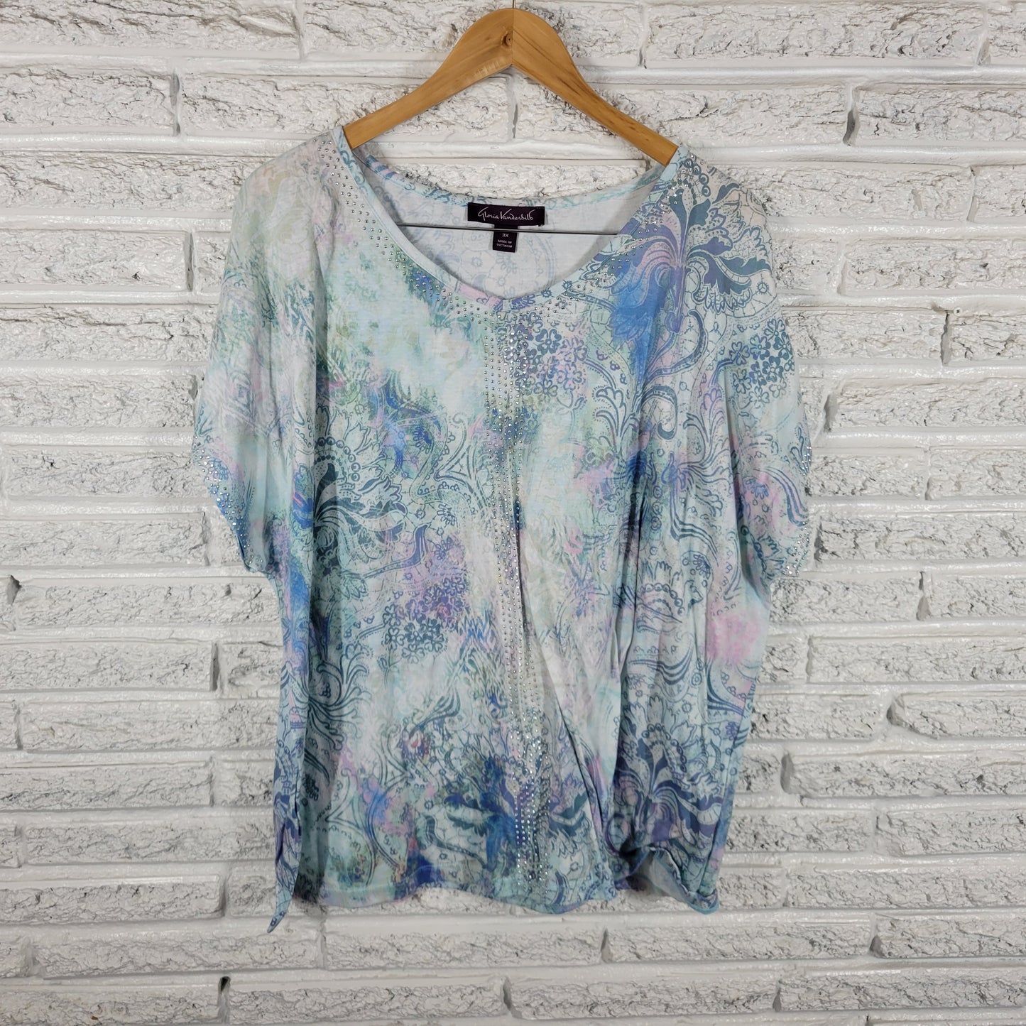 Gloria Vanderbilt 3X Blue Floral Tee V-Neck Studded Cap Sleeve Top FLO226XE