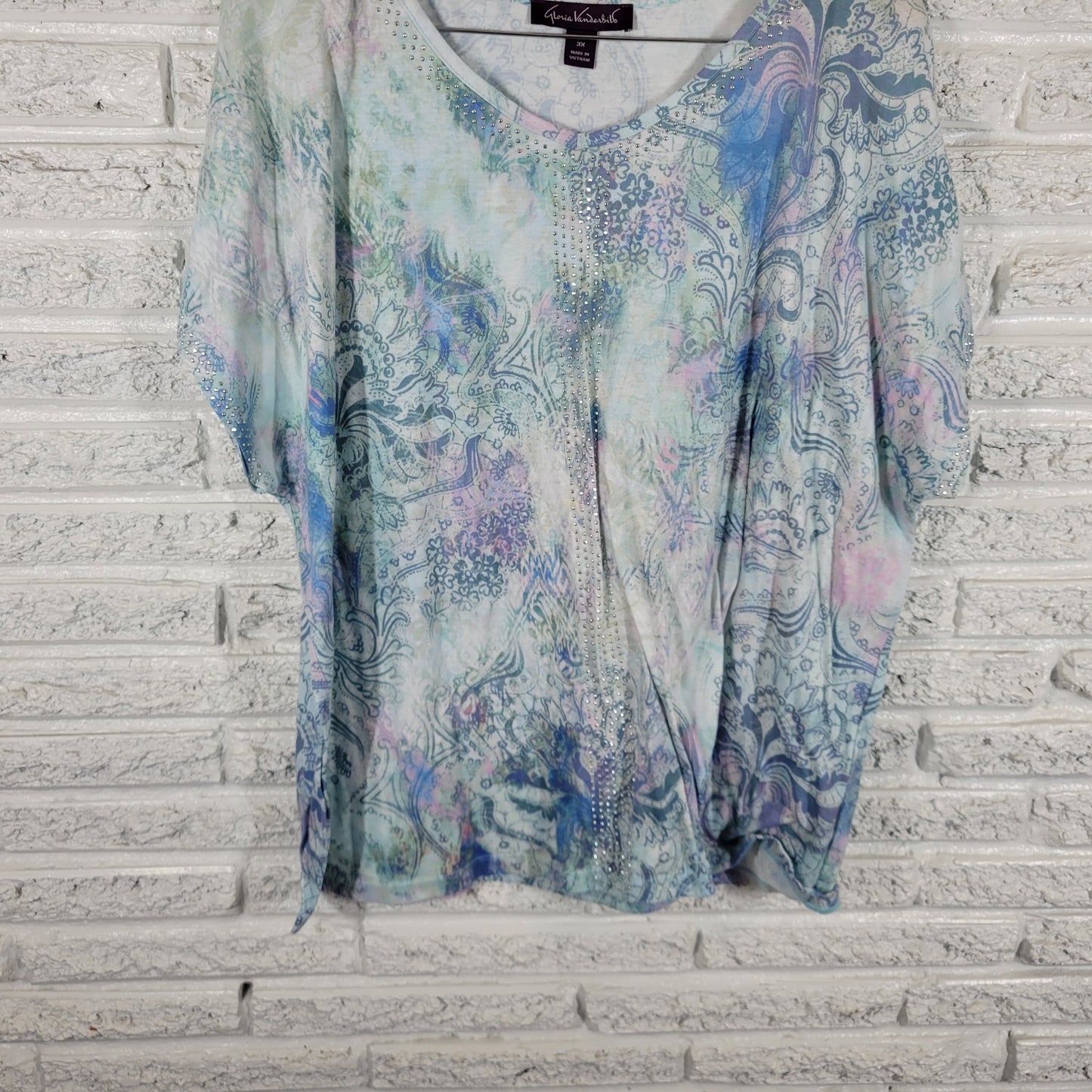 Gloria Vanderbilt 3X Blue Floral Tee V-Neck Studded Cap Sleeve Top FLO226XE