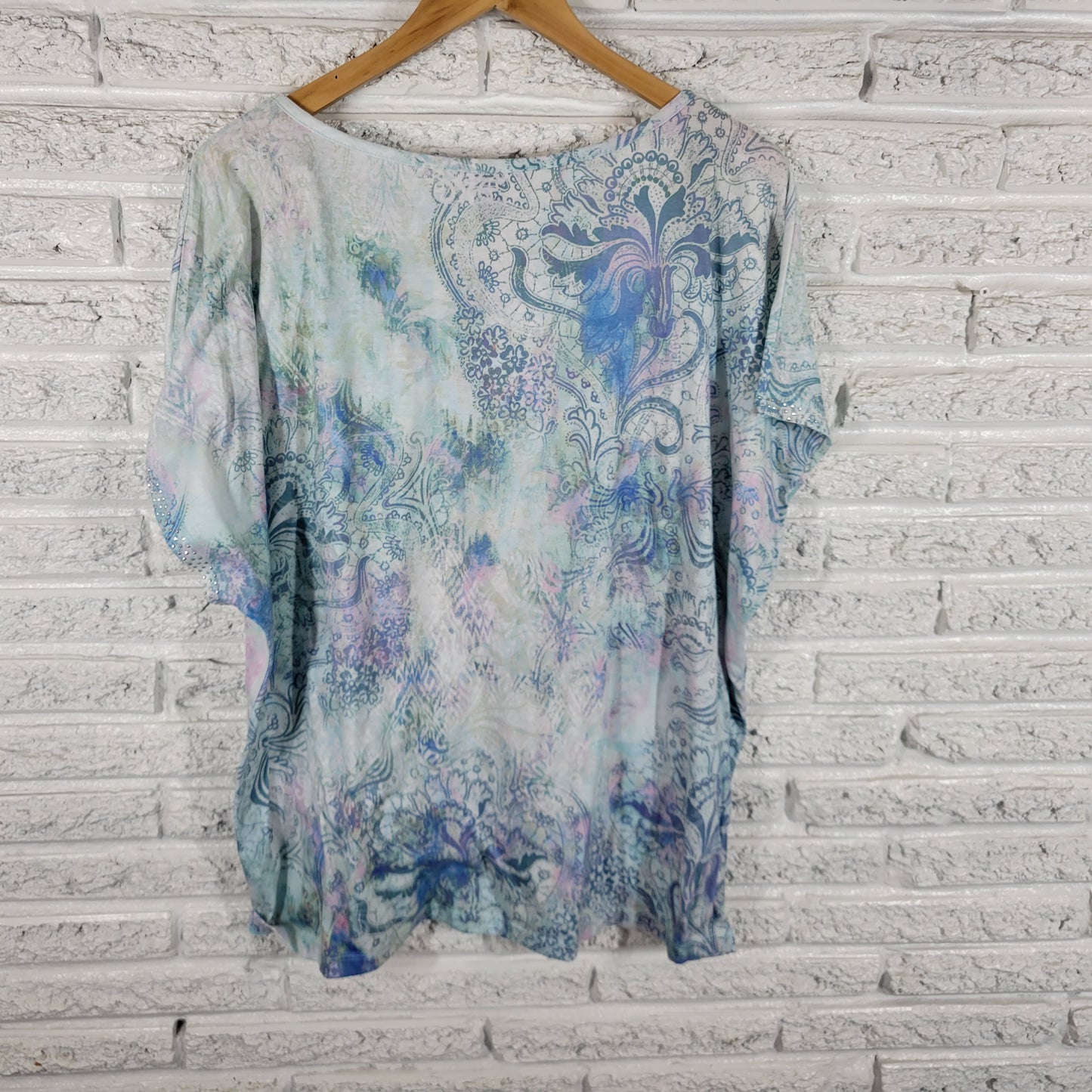 Gloria Vanderbilt 3X Blue Floral Tee V-Neck Studded Cap Sleeve Top FLO226XE