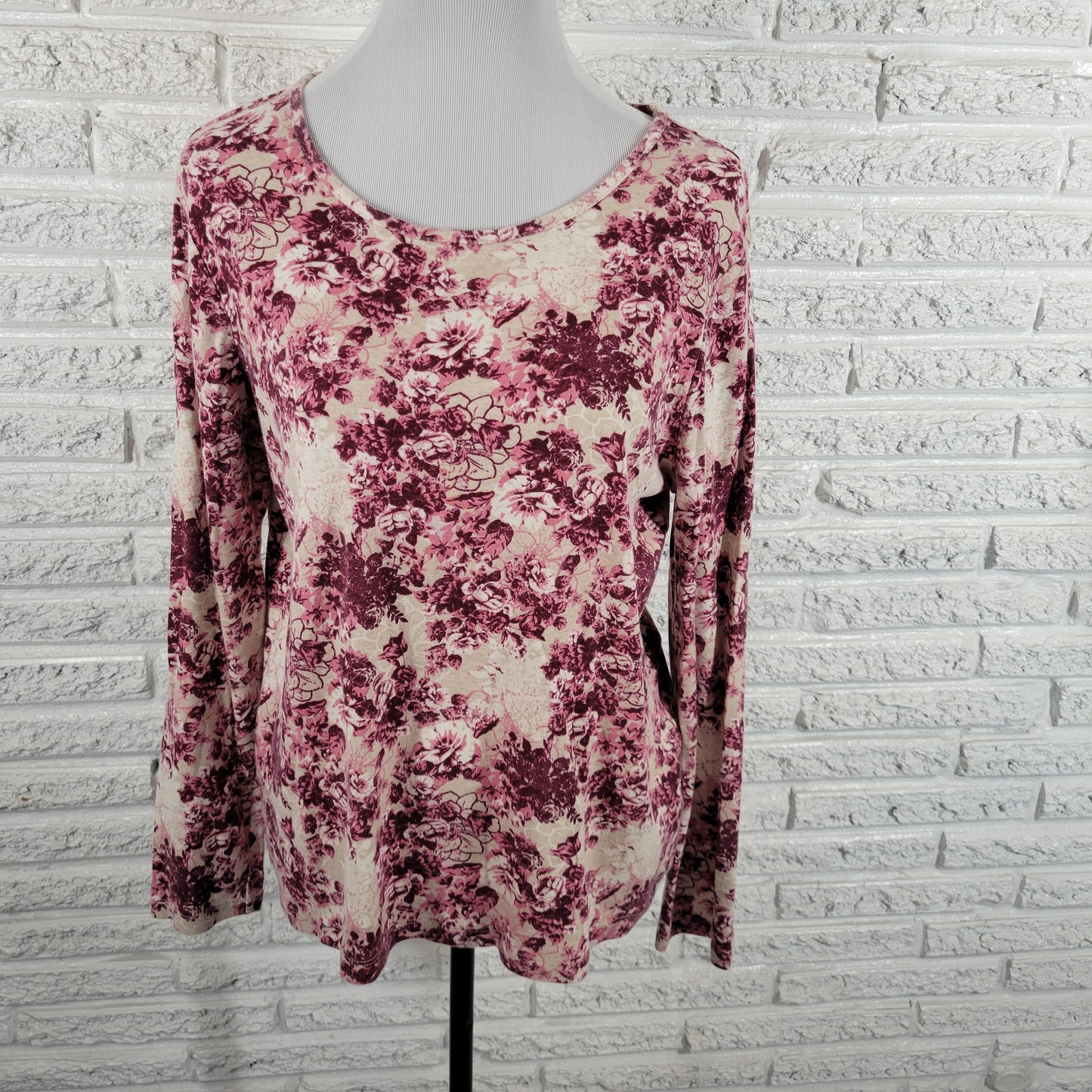 White Stag XL Purple Floral Tee Top Cotton Long Sleeve Round Neck Blouse FLO217E