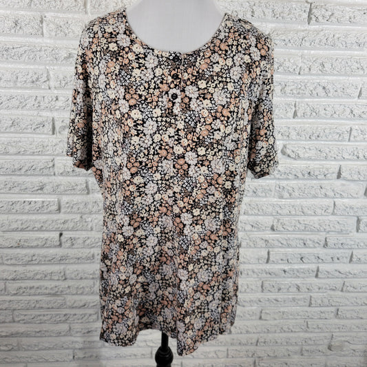 Denim & Co 1X Multicolor Floral Tunic Top Short Sleeve Round Neck Blouse FLO214E