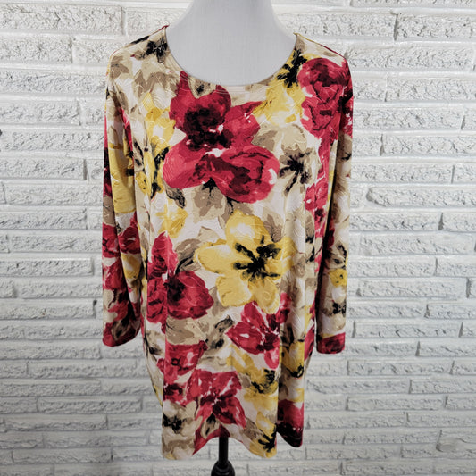 JM Collection 2X Floral Embroidered Blouse Top Round Neck Stretch FLO207E