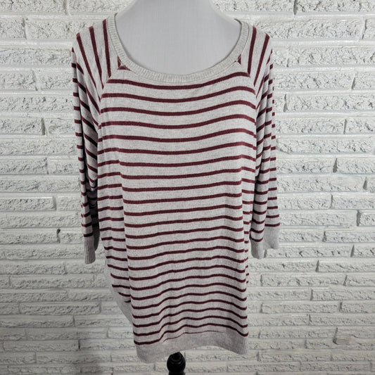 Maurices Womens Brown Gray Striped Sweater 1X Crew Neck 3/4 Sleeve Knit STR99XE