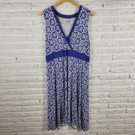 LL Bean Womens Blue White Geometric Sheath Dress XL Sleeveless V-Neck GEO107XE