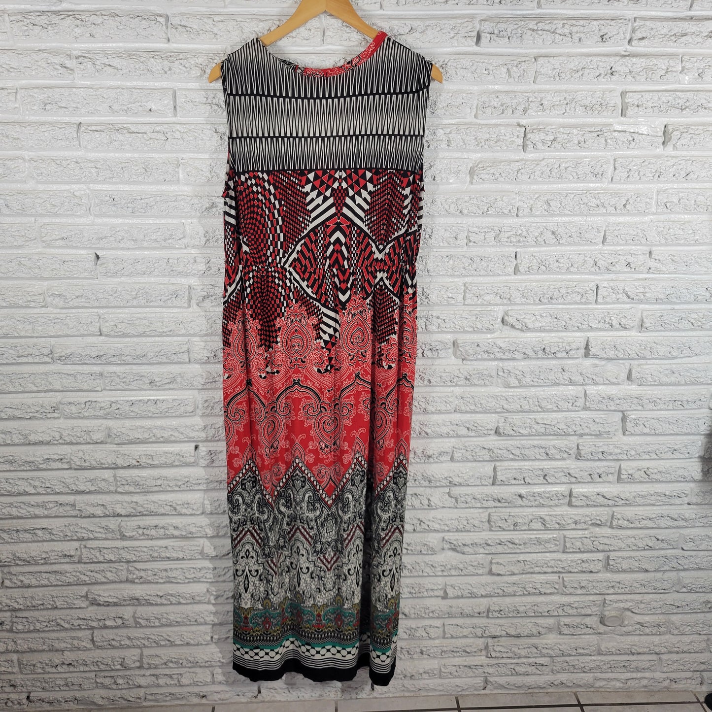 New Directions Womens Red Black Geometric Maxi Shift Dress 1X Sleeveless GEO100E