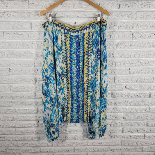 Avenue Womens Geometric Midi Skirt 22 24 Blue Yellow Handkerchief Flare GEO90E