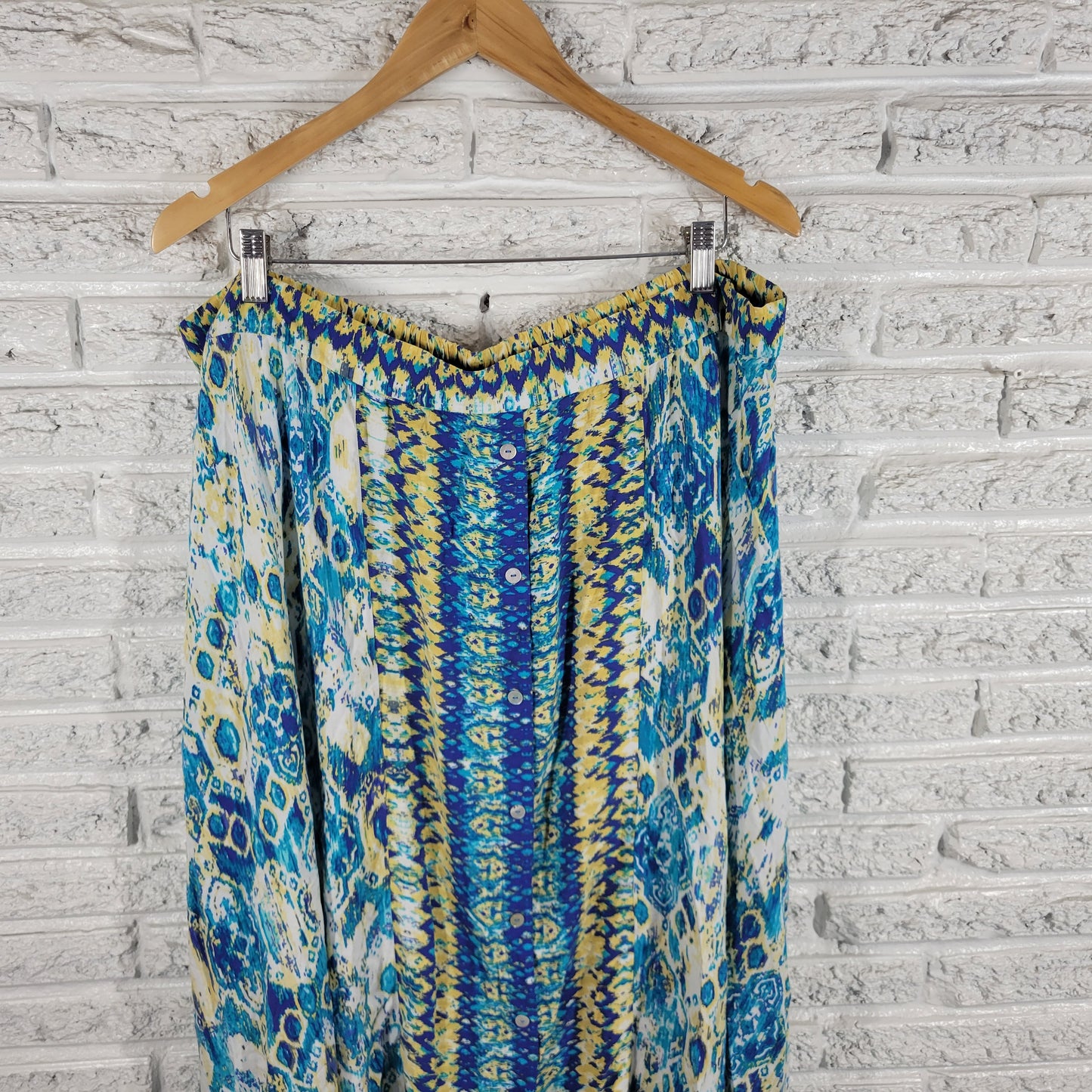 Avenue Womens Geometric Midi Skirt 22 24 Blue Yellow Handkerchief Flare GEO90E