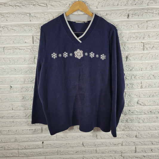 Croft Barrow Womens Snowflake Fleece Sweatshirt 2X Blue V Neck Plus SWE90E