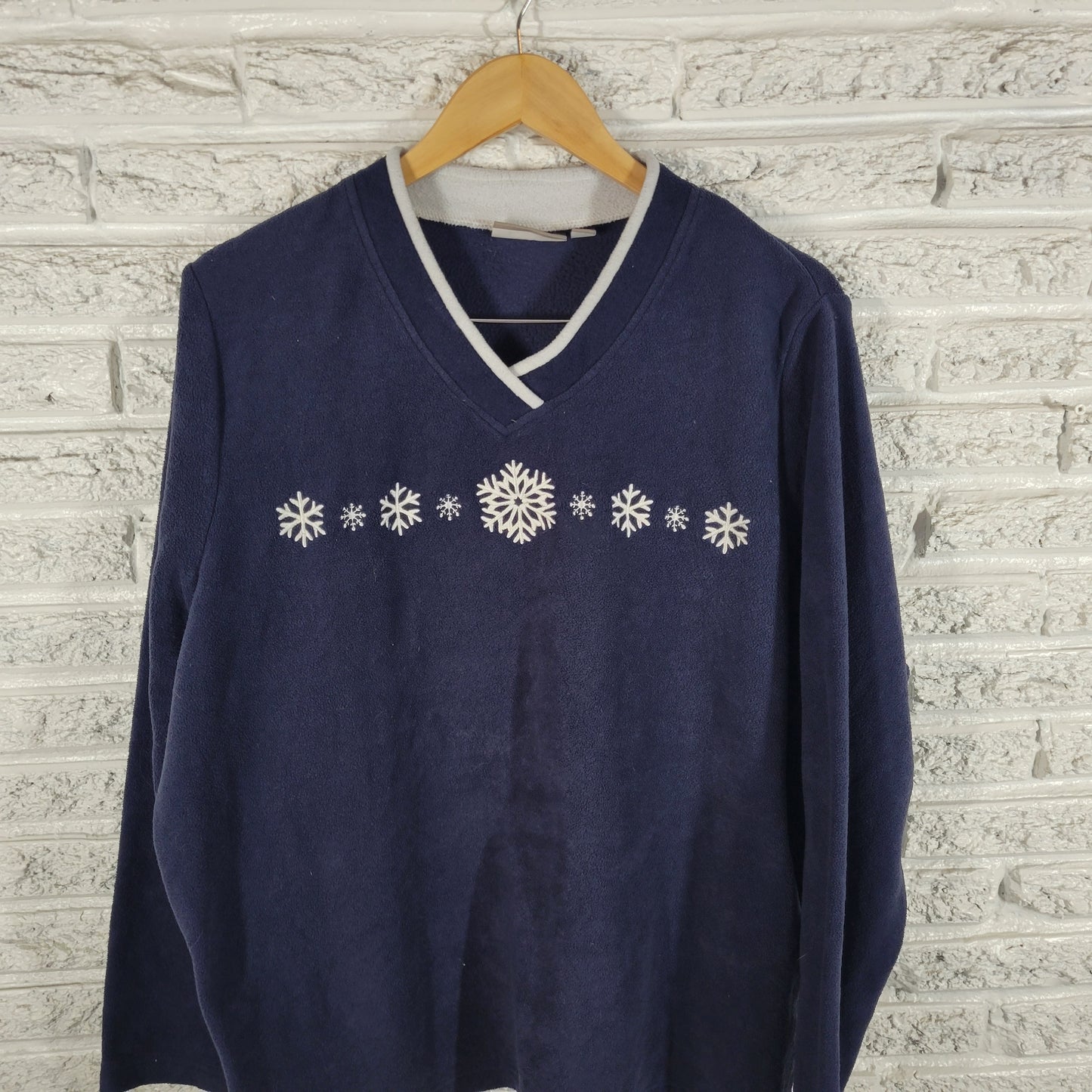 Croft Barrow Womens Snowflake Fleece Sweatshirt 2X Blue V Neck Plus SWE90E