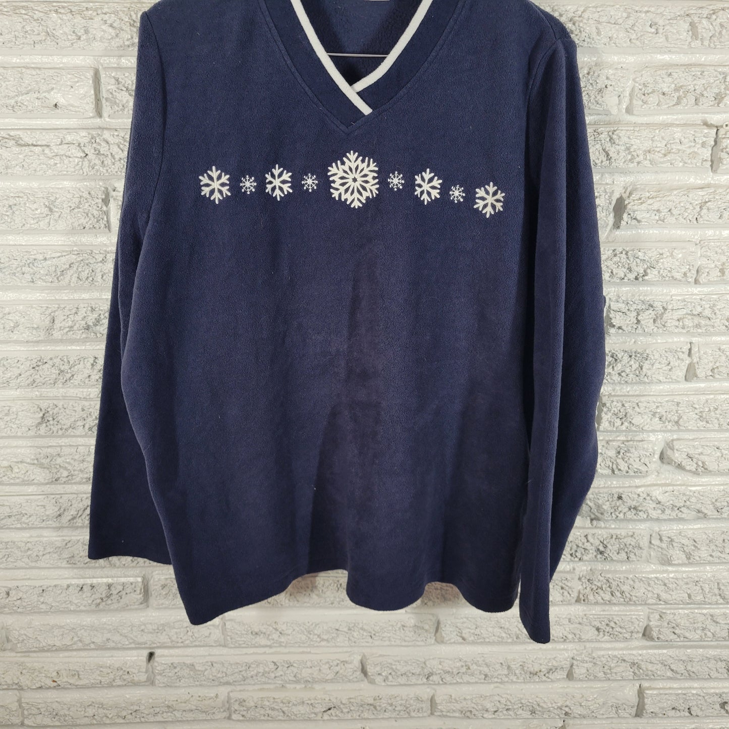 Croft Barrow Womens Snowflake Fleece Sweatshirt 2X Blue V Neck Plus SWE90E