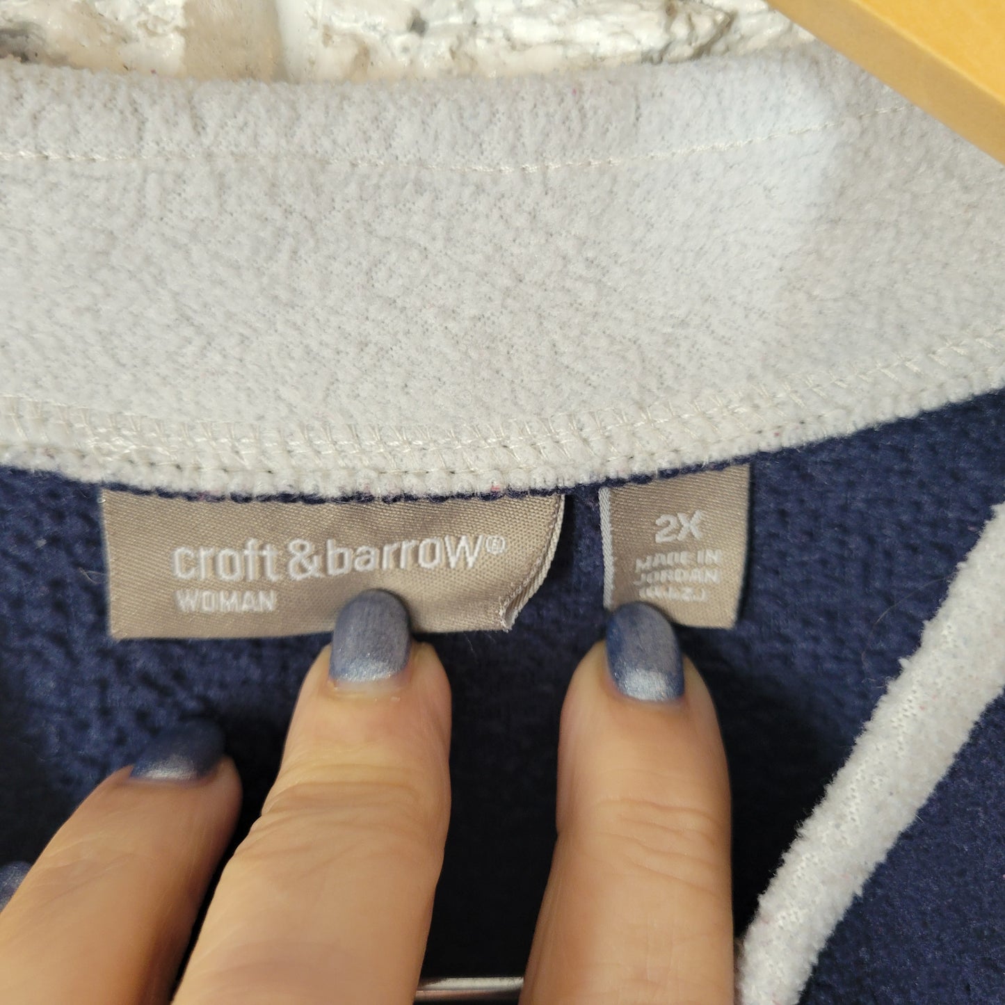 Croft Barrow Womens Snowflake Fleece Sweatshirt 2X Blue V Neck Plus SWE90E
