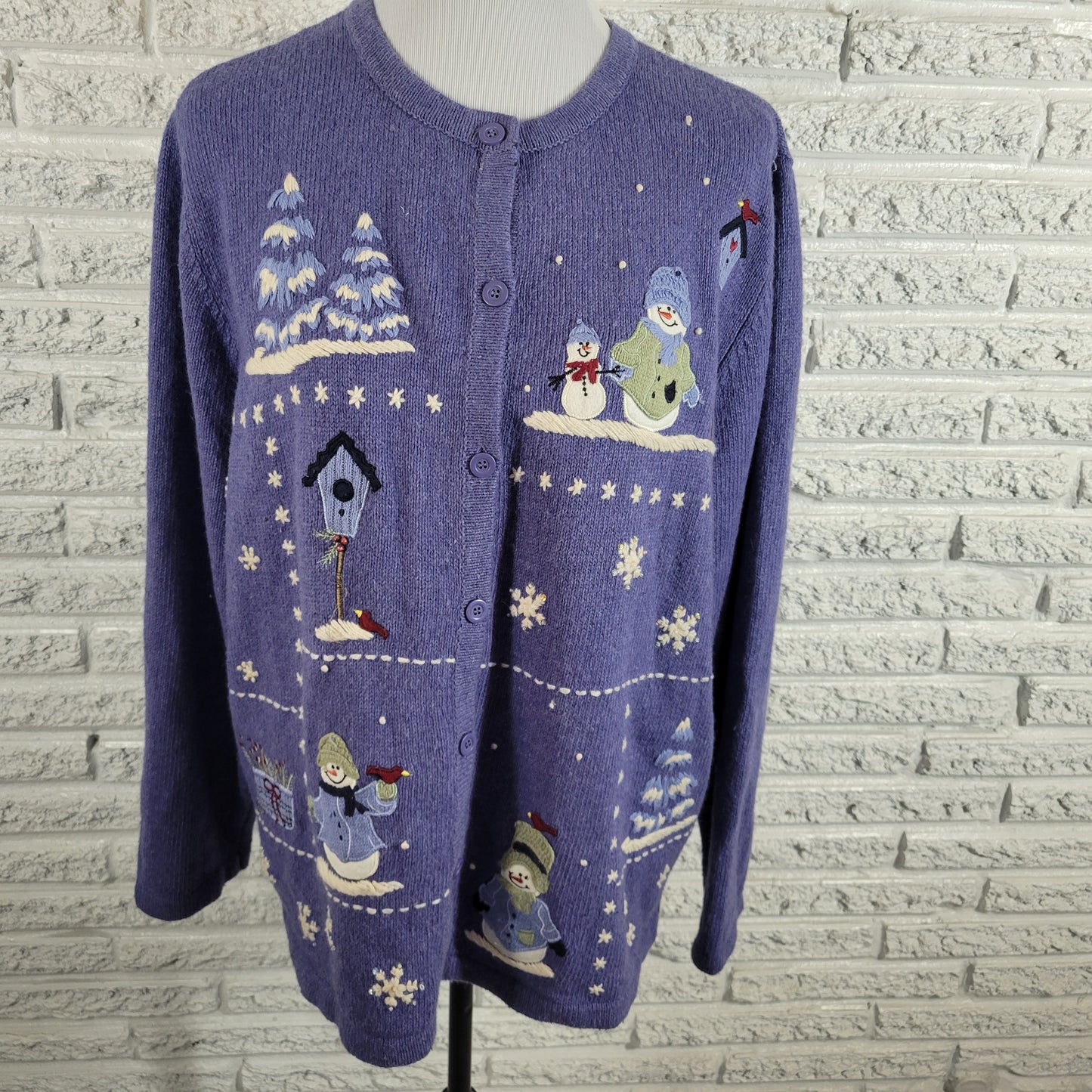 Croft & Barrow Christmas Cardigan Sweater 2X Purple Snowman Winter Angora SWE6E