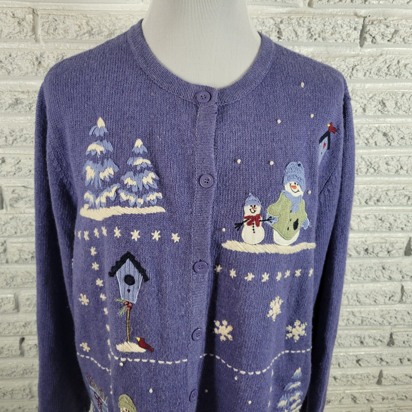 Croft & Barrow Christmas Cardigan Sweater 2X Purple Snowman Winter Angora SWE6E