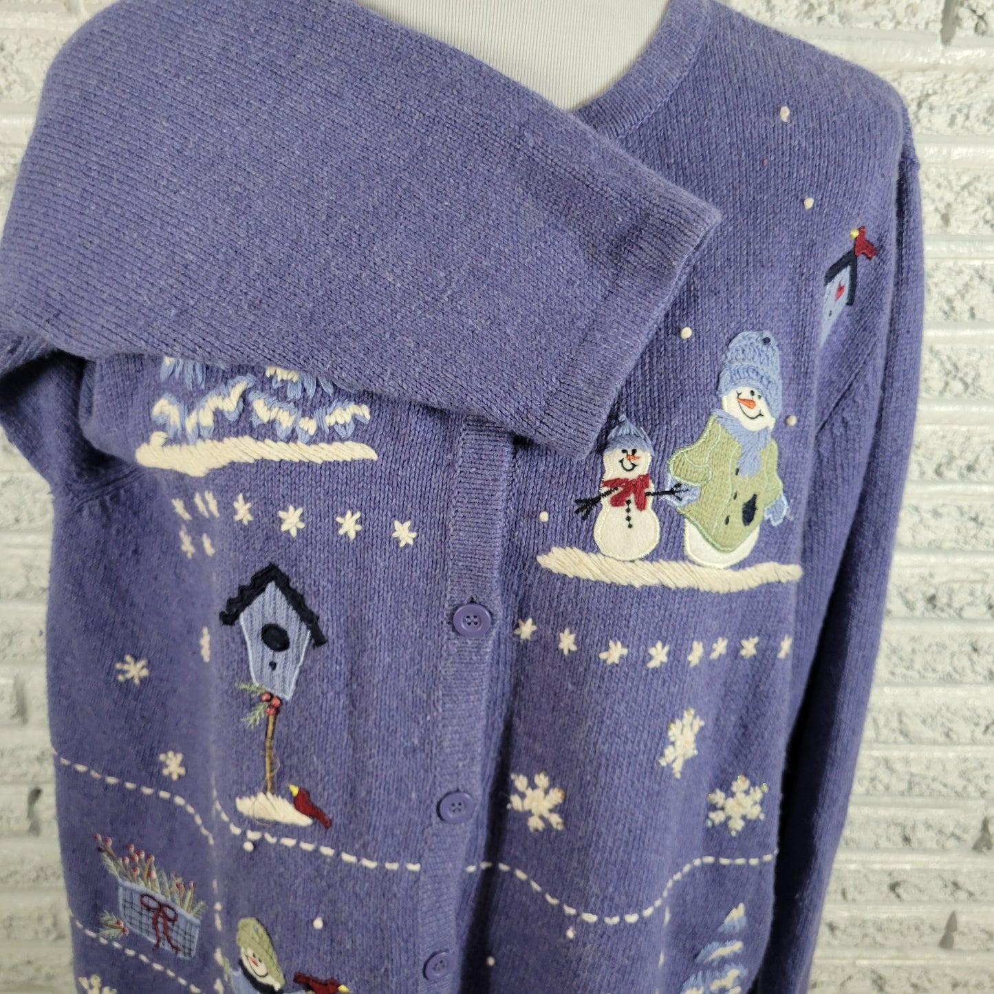 Croft & Barrow Christmas Cardigan Sweater 2X Purple Snowman Winter Angora SWE6E