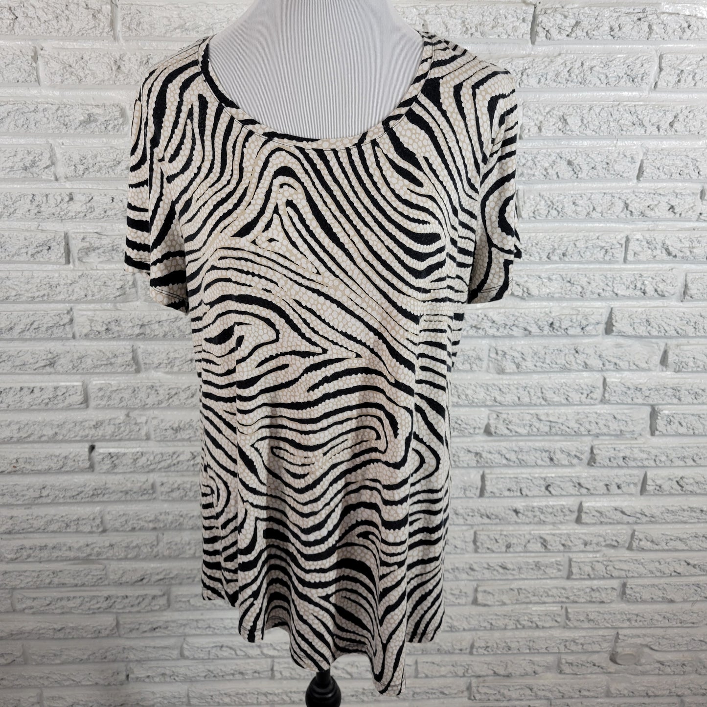 JM Collection Women XL Tunic Top Black Tan Swirl Short Sleeve Stretch WAT72XE