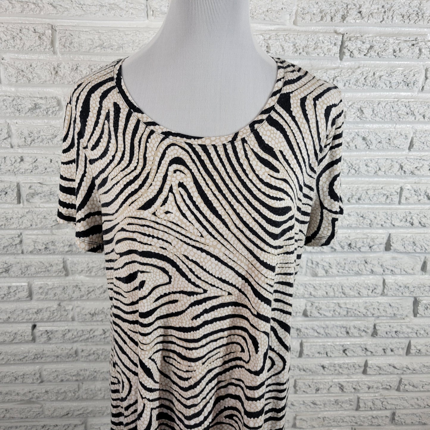 JM Collection Women XL Tunic Top Black Tan Swirl Short Sleeve Stretch WAT72XE
