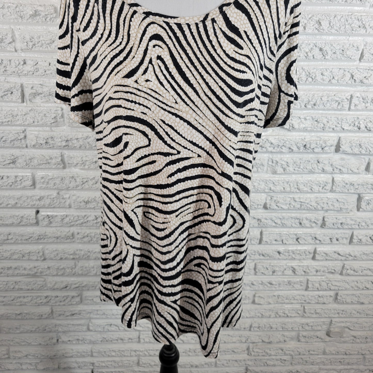 JM Collection Women XL Tunic Top Black Tan Swirl Short Sleeve Stretch WAT72XE