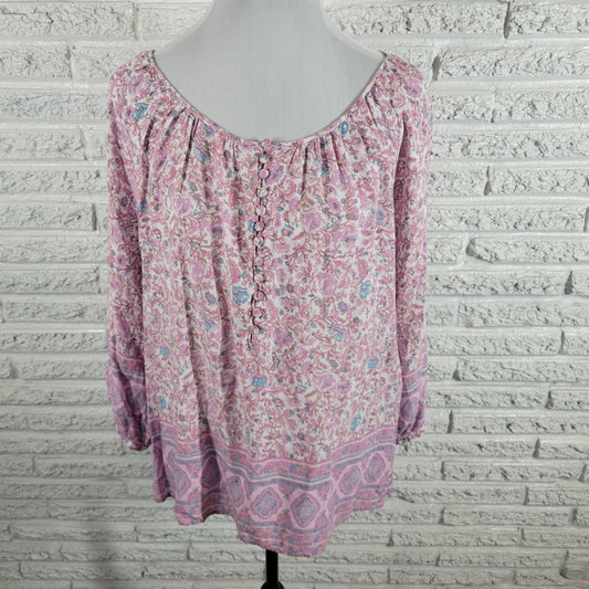 Cynthia Rowley Top Womens 1X Purple Blue Floral Long Sleeve Button Rayon FLO68E