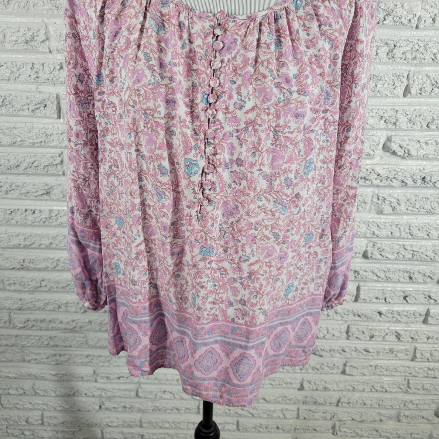 Cynthia Rowley Top Womens 1X Purple Blue Floral Long Sleeve Button Rayon FLO68E