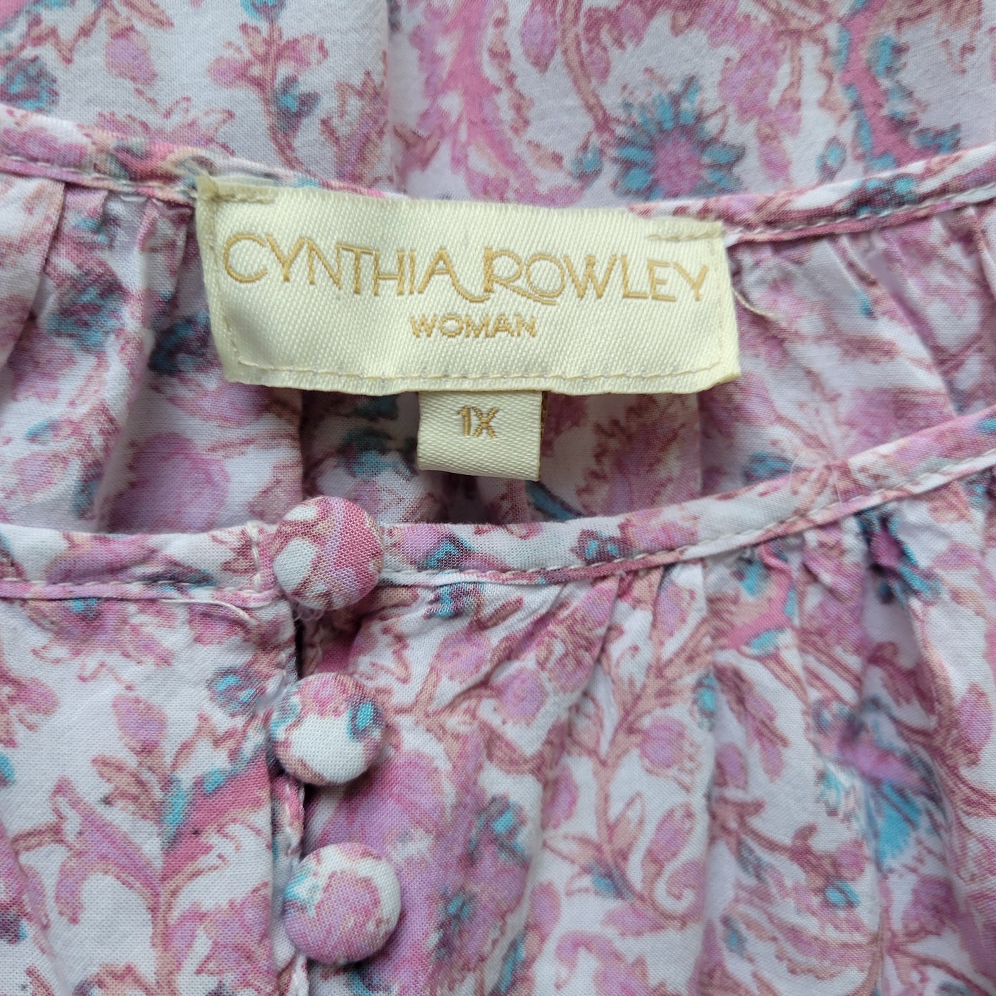 Cynthia Rowley Top Womens 1X Purple Blue Floral Long Sleeve Button Rayon FLO68E