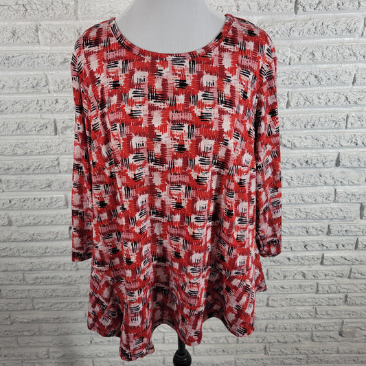 Zac & Rachel Women 2X Red Black Geometric Handkerchief Hem Blouse GEO150XE