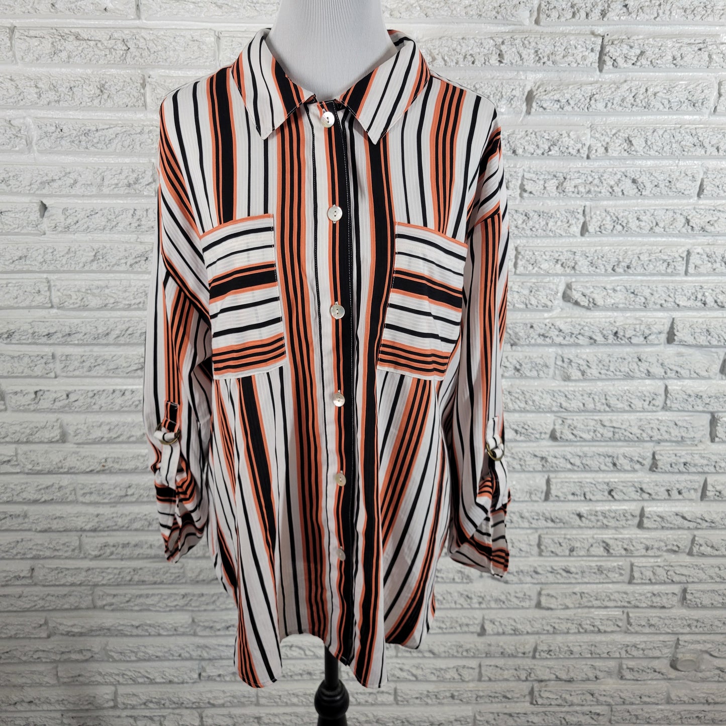 Ruby Rd 1X Orange Black Stripe Button Up Shirt Roll Tab Sleeve Pocket Top STR80E