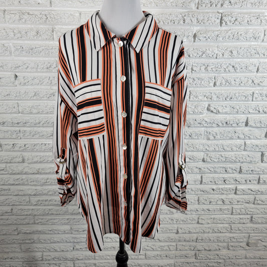 Ruby Rd 1X Orange Black Stripe Button Up Shirt Roll Tab Sleeve Pocket Top STR80E