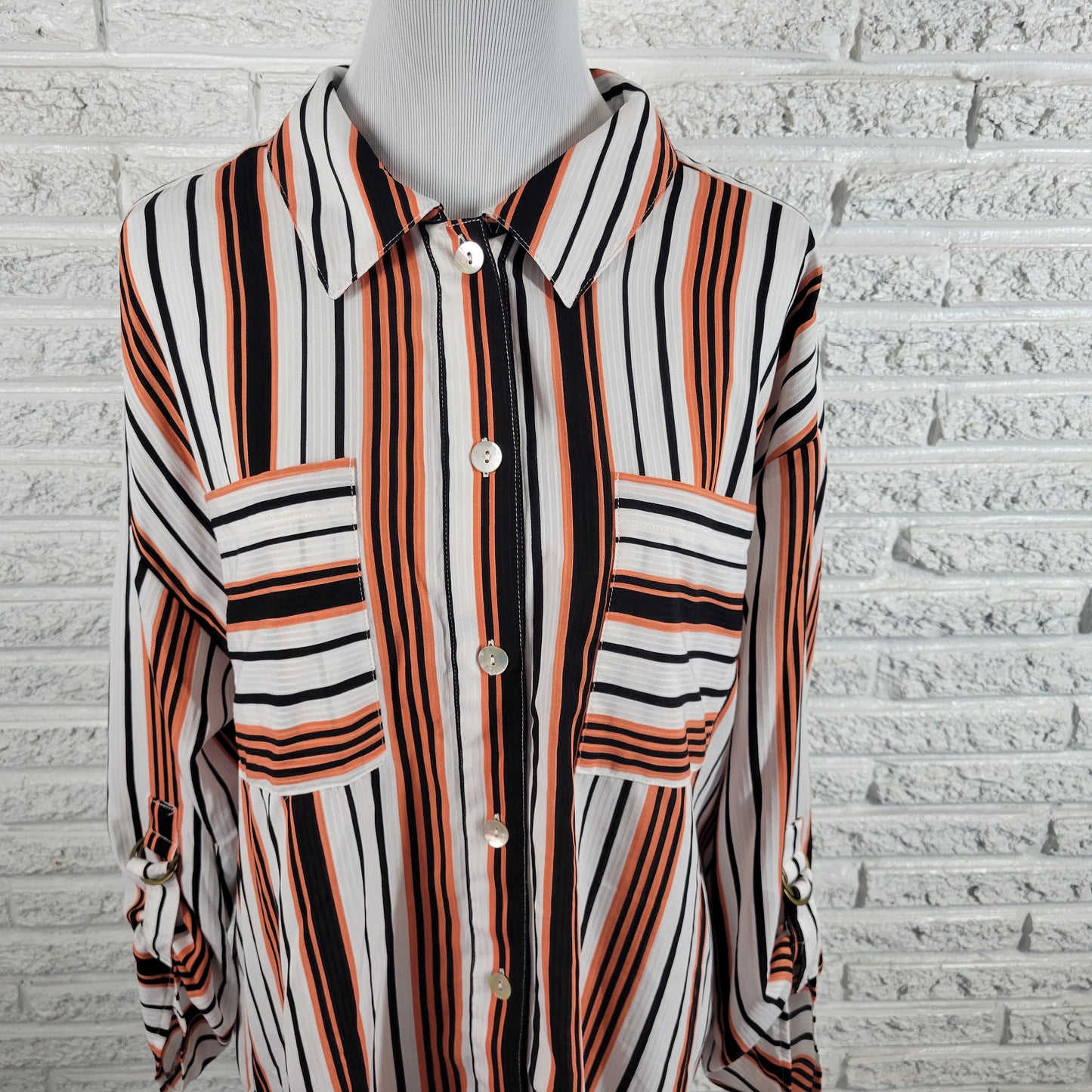 Ruby Rd 1X Orange Black Stripe Button Up Shirt Roll Tab Sleeve Pocket Top STR80E