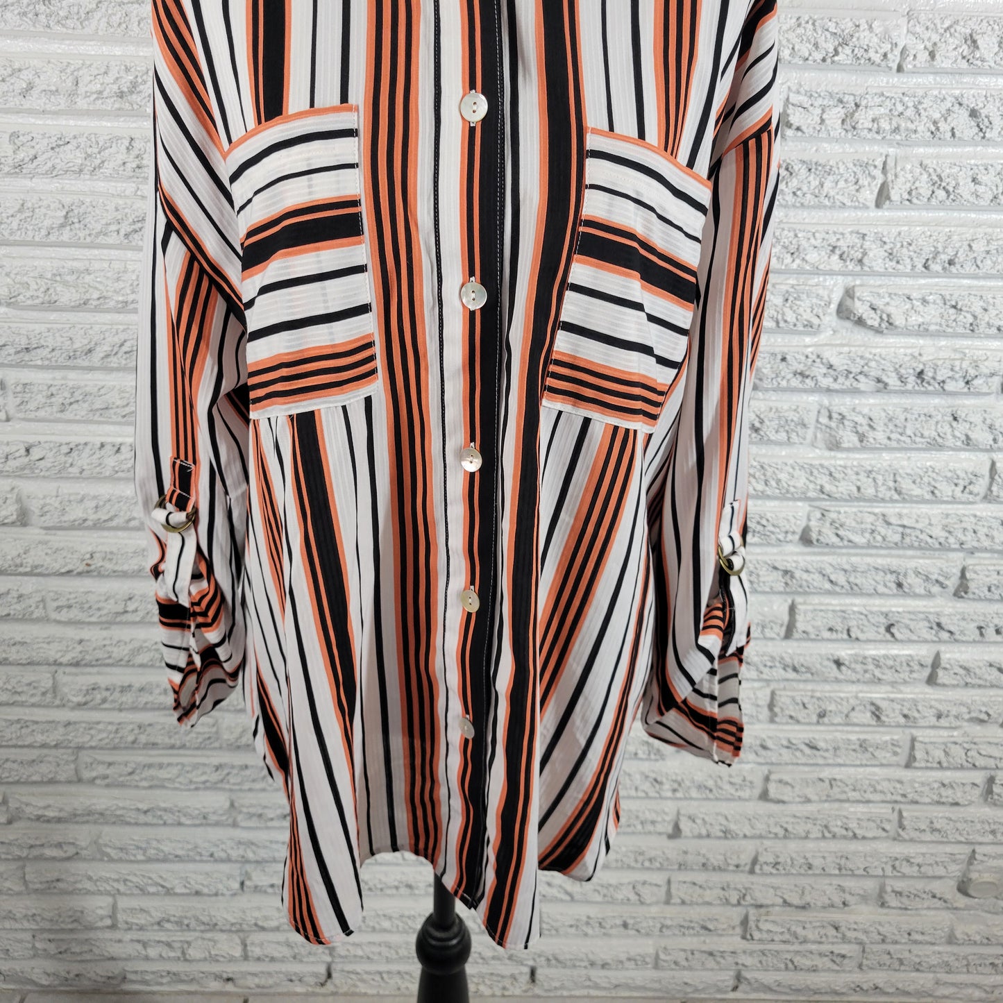 Ruby Rd 1X Orange Black Stripe Button Up Shirt Roll Tab Sleeve Pocket Top STR80E