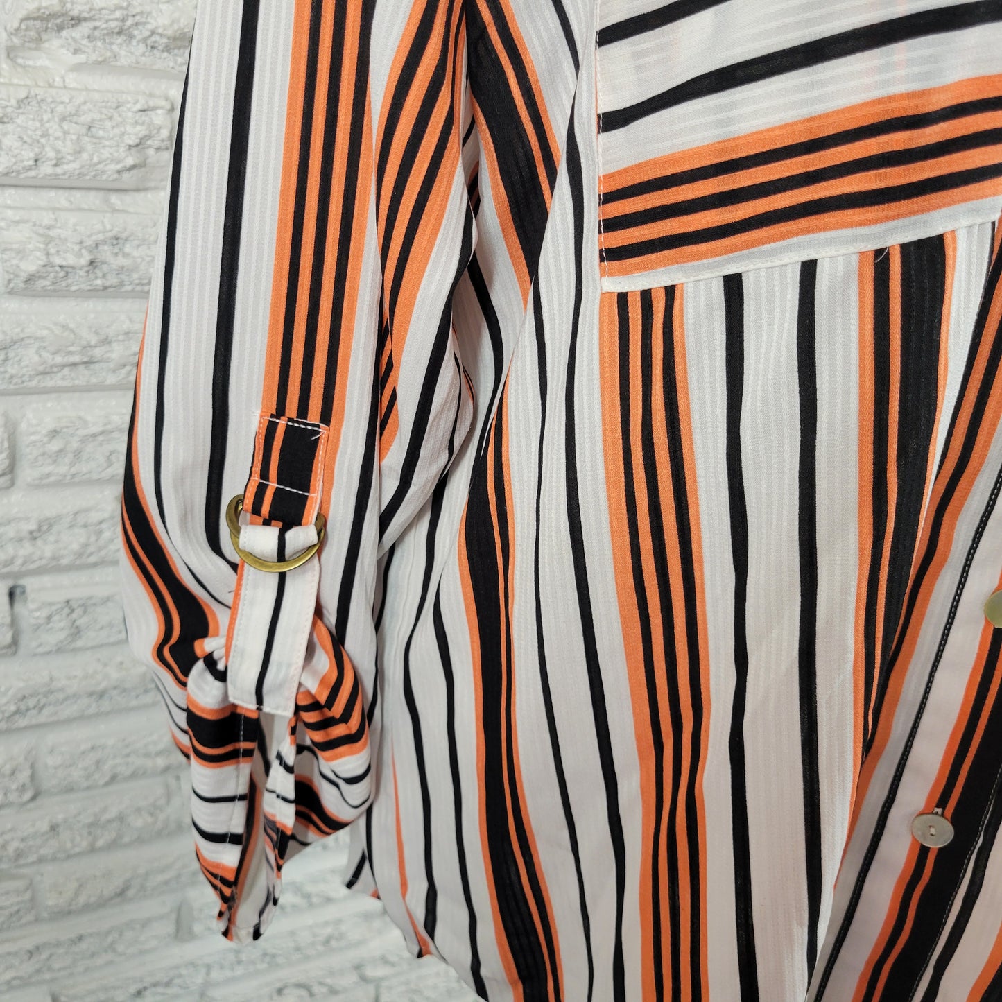 Ruby Rd 1X Orange Black Stripe Button Up Shirt Roll Tab Sleeve Pocket Top STR80E