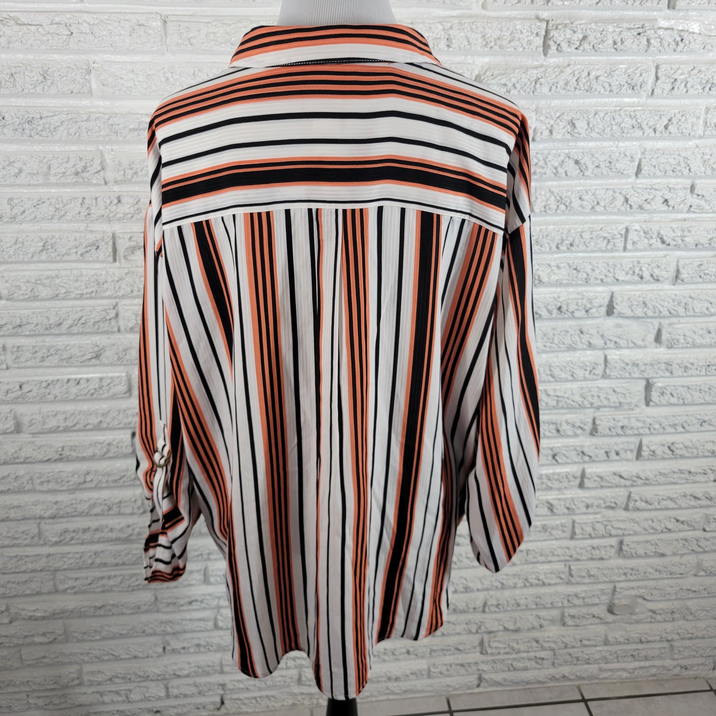 Ruby Rd 1X Orange Black Stripe Button Up Shirt Roll Tab Sleeve Pocket Top STR80E