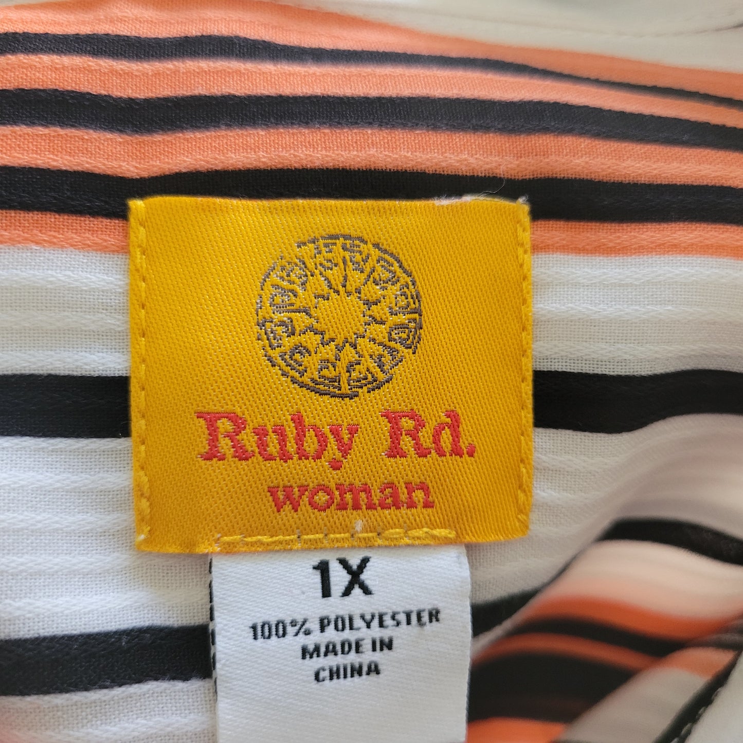 Ruby Rd 1X Orange Black Stripe Button Up Shirt Roll Tab Sleeve Pocket Top STR80E