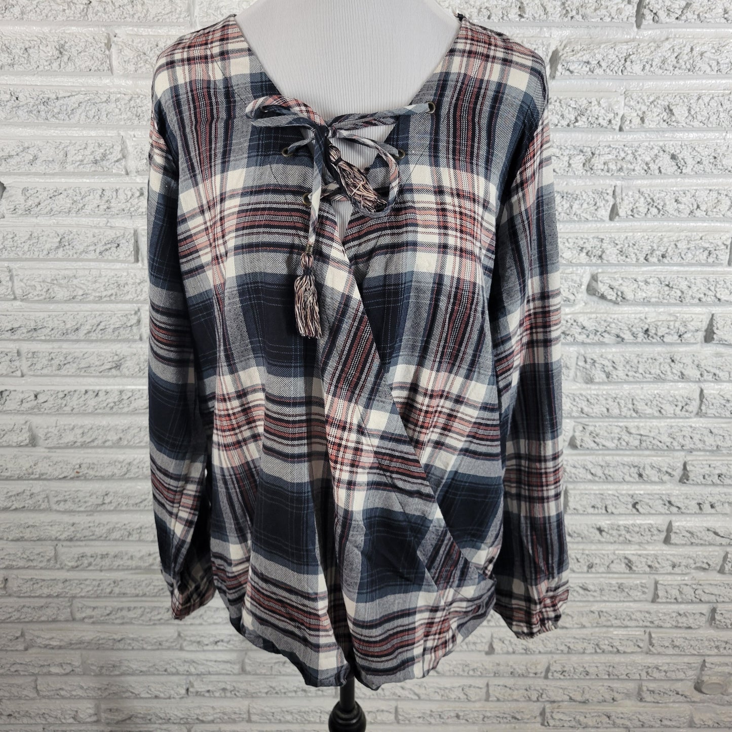 Knox Rose XXL Black Red Plaid Blouse Square Neck Long Sleeve Top PLA25E