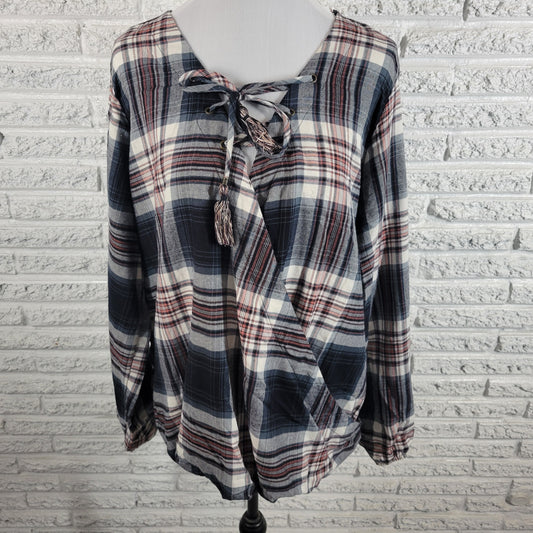 Knox Rose XXL Black Red Plaid Blouse Square Neck Long Sleeve Top PLA25E