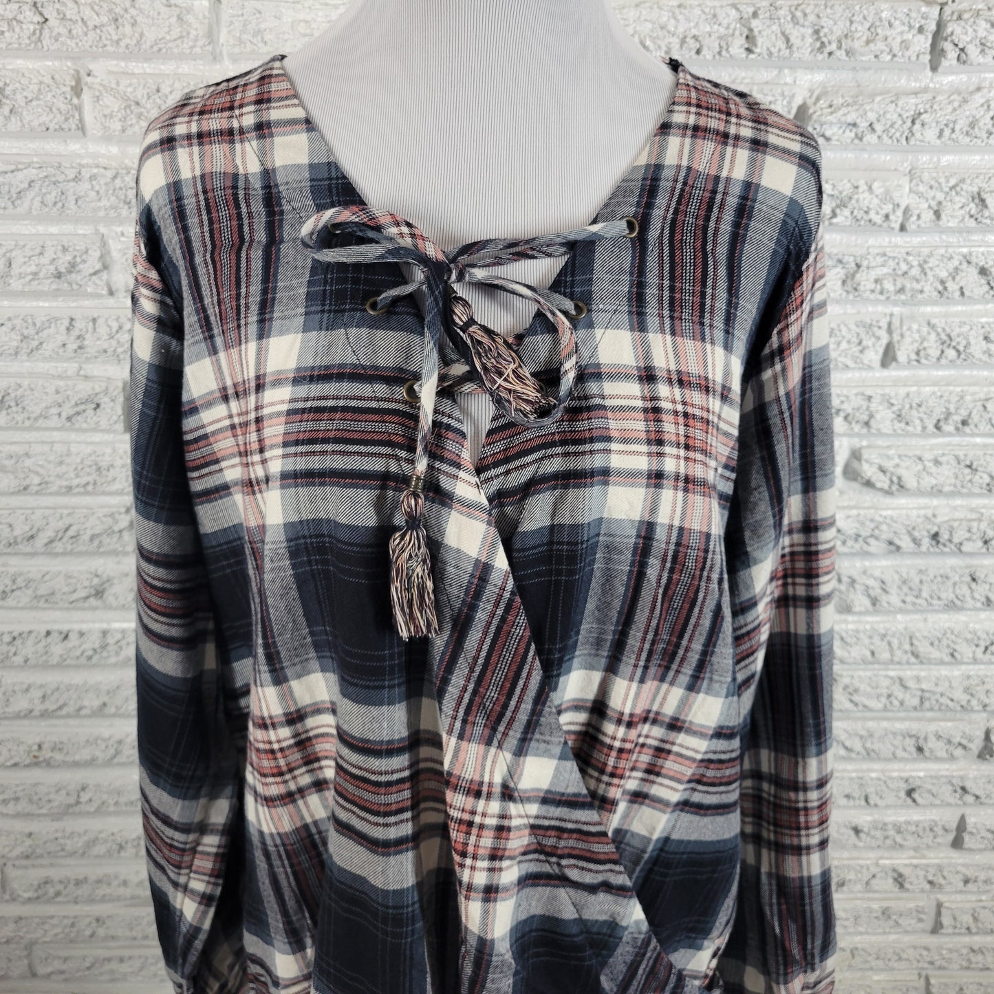 Knox Rose XXL Black Red Plaid Blouse Square Neck Long Sleeve Top PLA25E